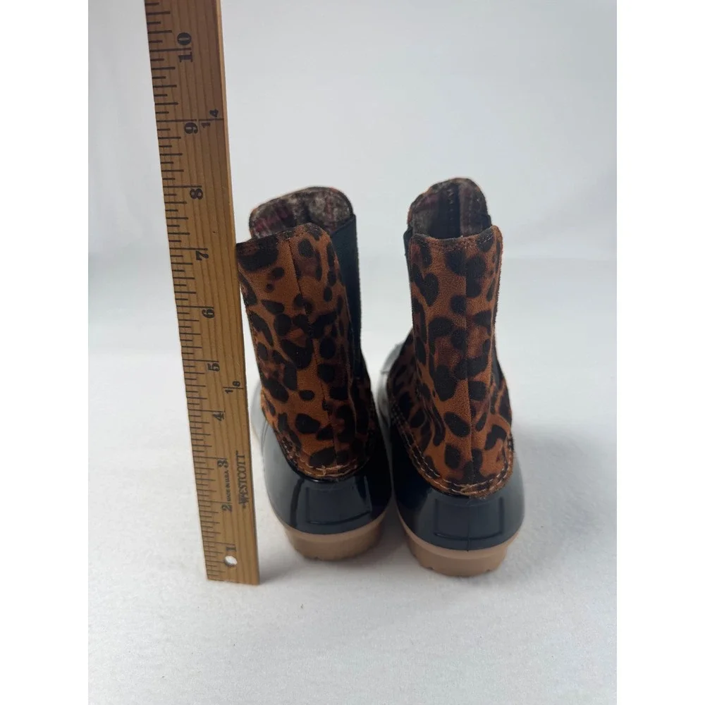 Leopard Print ZBY Women 7.5 Duck Boots Black Brown Waterproof Ankle Chelsea Boot